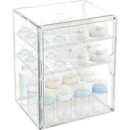 Baby Bottle Organizer, 3 Tiers Adjustable Clear Acrylic Storage Station Case Box Container for Bottles, Pacifiers, Pump Parts, Bottle Organizer Baby for Countertop and Cabinet