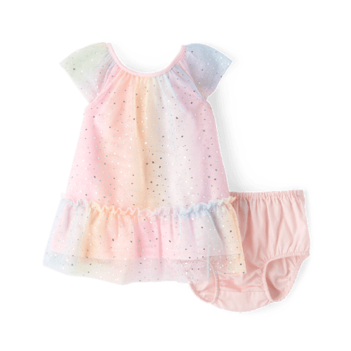 Baby Girls Rainbow Shimmer Mesh Ruffle Dress - Pink