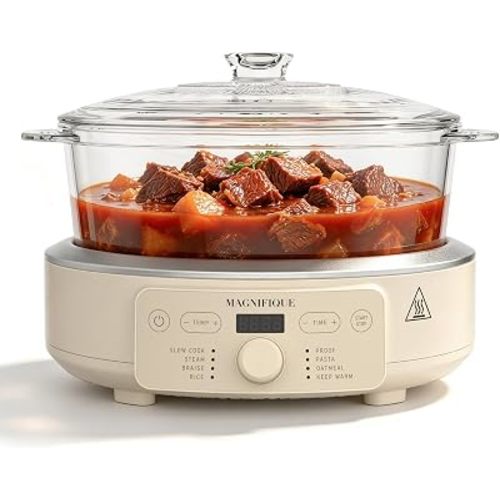5 Quart Glass Pot Multi-Cooker, with 8-in-1 Casserole Programmable Round Slow Cooker, Dutch Oven, Pasta, Nonstick Oven Safe Pot to 450°F, Oatmeal