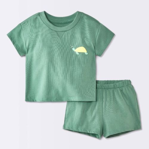 Baby Boys' 2pc Turtle Graphic T-Shirt and Shorts Set - Cloud Island™ Green 0-3M