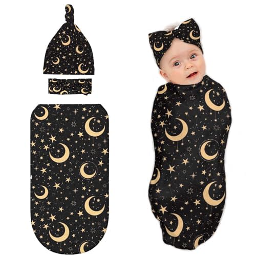 Moon and Star Black Baby Stuff Newborn Swaddle Blanket with Beanie Hat and Headband Set,Baby Swaddle Blanket Gifts for Infant Shower Boys Girls