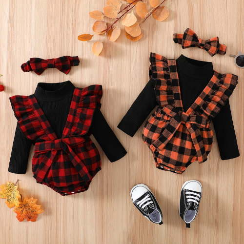 Synpos 0-18M Newborn baby Girl Outfit Clothes Infant Rib Long Sleeve Romper+Cotton Grid Ruffl Suspender Pant+Headband 3PCS Jumpsuit Set.