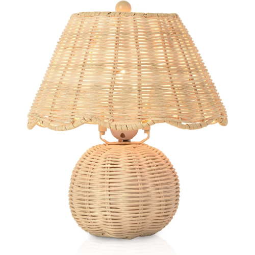 Boho Rattan Table Lamp, 10-Inch Small Woven Bedside Lamp with Scalloped Shade, Handcrafted Bamboo Desk Lamp for Nursery, Coastal Nightstand Light for Bedroom & Living Room