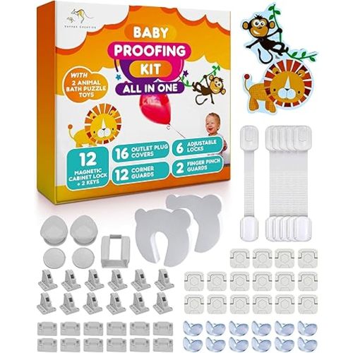 Baby Proofing Kit 67pcs All in One Includes Magnetic Cabinet Locks for Baby Proofing, Corner Bumper Protectors, Child Safety Strap Locks, Power Point Outlet Covers, Finger Pinch Guards & Bath Toys