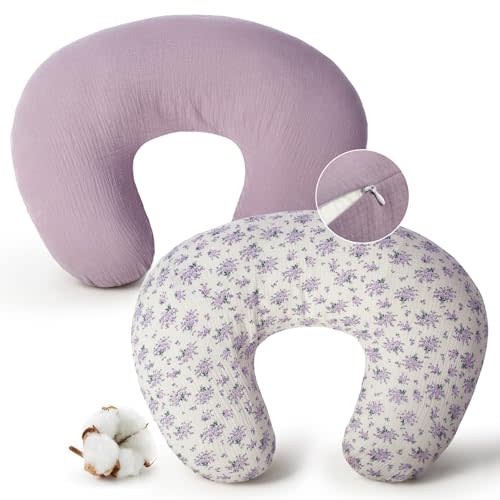 FUNUPUP Muslin Nursing Pillow Cover Replacement, Purple & Purple Floral | Slipcover Fit for Standard Breastfeeding Pillow 27x19x6 Inches, Hidden Zipper, Soft Breathable, Machine Washable, Pre-Shrunk