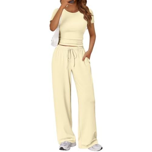 Trendy Queen 2 Piece Matching Summer Sweatsuit Lounge Set Womens Wide Leg Pants Side Ruching Crop Top Sets
