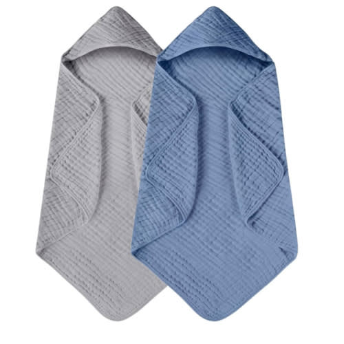 Yoofoss Hooded Baby Towels for Newborn 2 Pack 100% Muslin Organic Cotton Baby Bath Towel with Hood for Babies, Infant, Toddler and Kids, 32x32Inch, Soft and Absorbent Newborn Essential,Grey& Dark Blue
