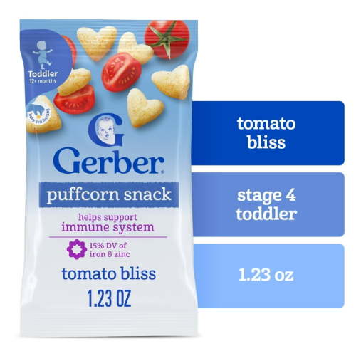 Gerber Toddler Snacks, Tomato Bliss Puffcorn Snack, Kernel Free, Toddler Food 1.23 oz