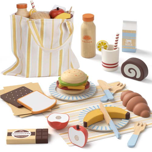 Wooden Play Food Sets for Kids Kitchen, Food Toys for Toddlers 3-5, Pretend Picnic Play Set, Kids Cutting Pretend Play Fake Food Toys for 3 4 5 6 7 Years Girls Boys Toddlers Toys