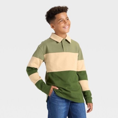 Boys' Long Sleeve Striped Rugby Shirt - art class™ Dark Olive Green L