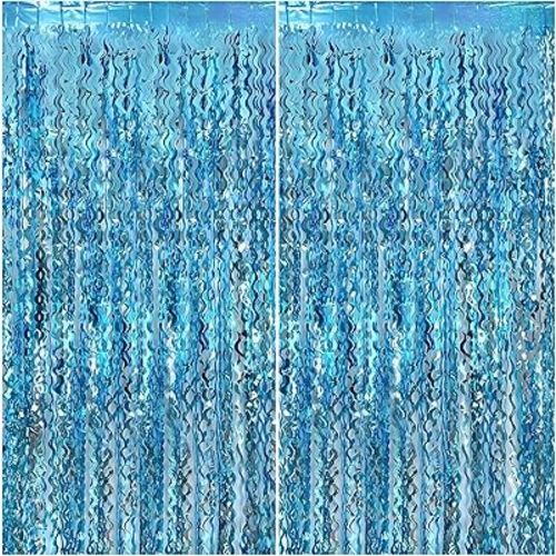 4 Pack 3.3 ft x 6.6 ft Laser Blue Wavy Foil Fringe Curtain,Blue Streamers Tinsel Ocean Backdrop for Birthday Wedding Party Ocean Frozen Party Under The Sea Party Decorations