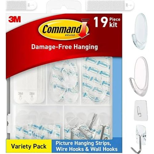 Command Clear Variety Pack, Including 8 Pairs of Picture Hangers, 4 Clear Wire Hooks and 11 Wall Hook for Hanging Back to School Dorm Organizers, Damage-Free Hanging Up to 19 Items