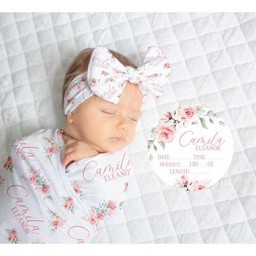 Personalized Rose Swaddle Blanket, Optional Bundle, Newborn Coming Home Outfit Photo Props, Baby Announcement Sign, Baby Shower Gift JS28