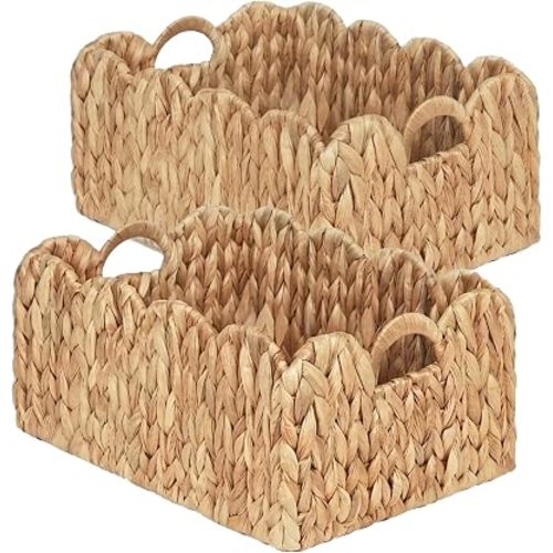 LUSYDECO Set of 2 Scalloped Edge Wicker Storage Basket with Built-in Handles, Rectangle Water Hyacinth Basket for Organizing, Decorative Woven Rattan Basket for Shelf, Nursery Room