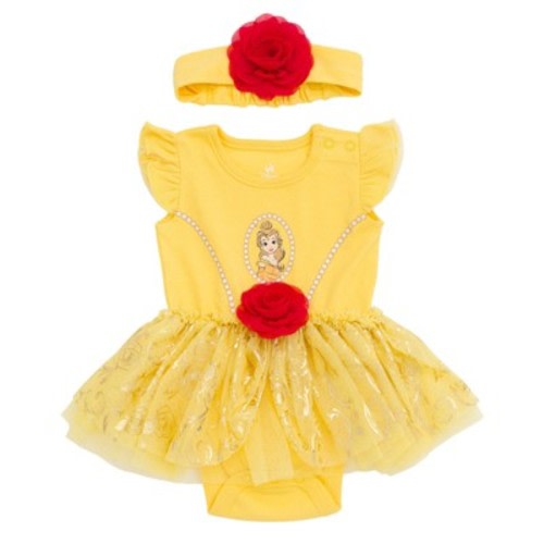 Disney Princess Belle Newborn Baby Girls Cosplay Bodysuit With Skirt Overlay & Headband Outfit Set Yellow / Red Belle 0-3 Months
