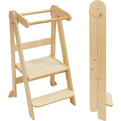 Foldable Toddler Tower 95% Preassembled Kitchen Stool Helper Folding Step Stool for Kids with 3 Adjustable Height Montessori Toddler Standing Tower for Kitchen Counter Sink Natural