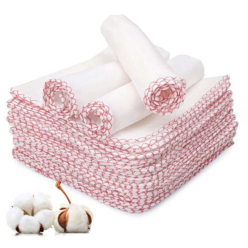 KABOER 20 Pcs Muslin Baby Washcloths, Cotton 6-Layer Wash Cloths for Sensitive Skin, 12"x12" Large, Ultra Soft and Absorbent Infant Essentials for Newborn and Toddlers, White with Pink Trim