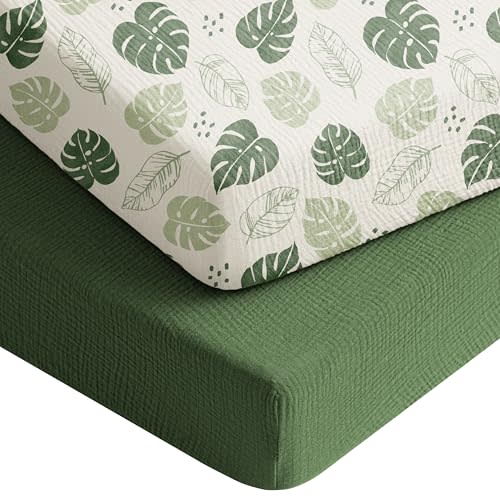 Konssy Muslin Crib Sheets for Boys, Soft Cotton Neutral Baby Sheets for Standard Crib Mattress 2 Pack, 52"x28" (Sage Green,Leaf)