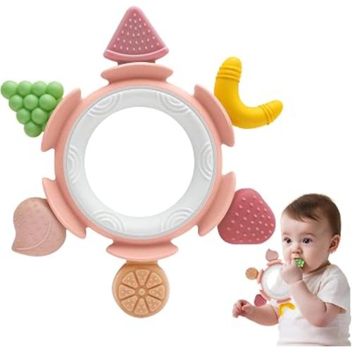 Baby Teething Toys for Babies 3-12 Months, Silicone Teething Rings for Babies, Infant Teether for Sore Gum Relief, Sensory Chew Toy Baby Teether, Baby Essentials Gift for Newborn Boys Girls, Pink