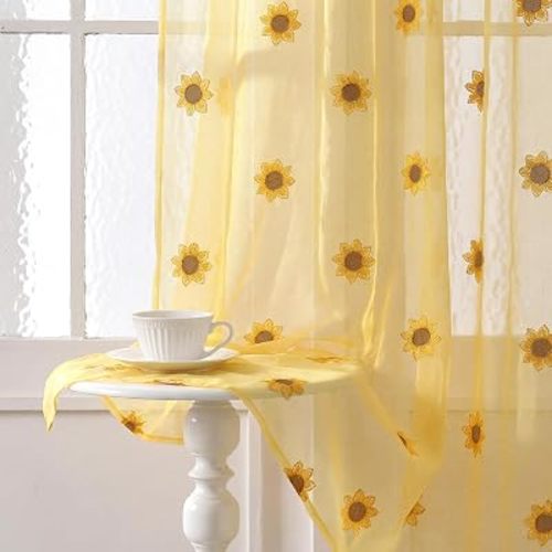 Tegeme 2 Panels Yellow Sunflower Sheer Curtains for Girl Bedroom 84 Inches Long Embroidered Voile Curtains Decorative Coquettish Sheer Shades Faux Linen Semi Window Decor for Summer Home Party Office