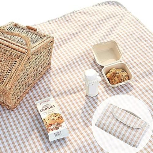 Cute Gingham Picnic Blanket, Waterproof Foldable, in Large 80x60in and Extra Large 80x80in, Portable Compact Beach Blanket, Oversized XL Outdoor Mat (Tan, X-Large)