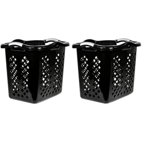 2 Pack Ultra Easy Carry Plastic Laundry Hamper, 2 Bushel Lamper Plastic Laundry Basket with Silver Handles,Dirty Clothes Laundry Hamper Bin for Home, Apartment, or Dorm Room, Black