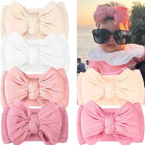 CÉLLOT 6 Pcs Super Stretchy Soft Handmade Headbands with Double Bows Head Wrap Nylon Hair Accessories For Newborn Baby Girls Infant Toddlers Kids(Pink)