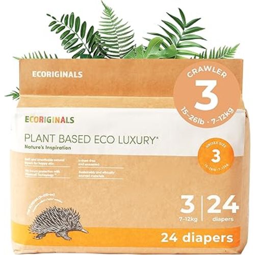 Ecoriginals - 24 Eco Crawler Diapers - Baby Diapers with 100% Plant-Based Layers, Disposable & Hypoallergenic - Secure Fit Size 3 (15-26 lbs), 1 Pack