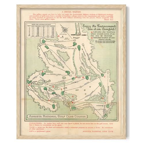 Framed Vintage Augusta National Wall Art Course Map 1954 Golf Decor - Golf Poster Map Golf Wall Art for Office & Home - Master Augusta Golf Course - 16x20 Print for Golfers - Masters Wall Art