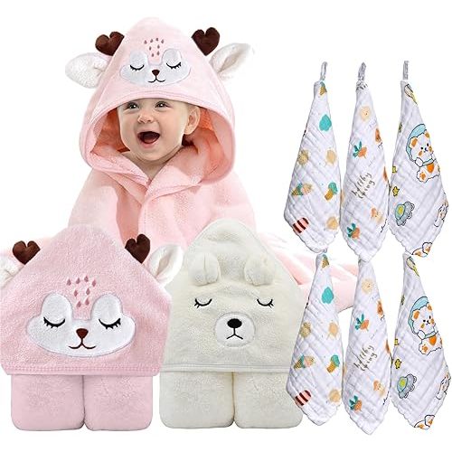 Baby Towel, Hooded Baby Towel, 8-Piece Bath Towel for Baby Boys Girls, Muslin Washcloths, Reusable Infant Wipes Set (White-Pink)