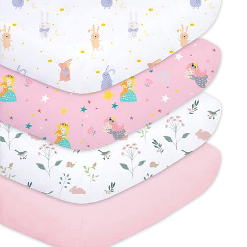 Plushii 4 Pack Fitted Crib Sheets for Baby Girls, 28"x 52" Extra Soft Microfiber Crib Sheet Set for Standard Crib & Toddler Mattress Pad, Rabbit & Moon & Bunny & Pink