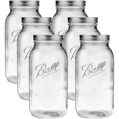 Ball - 64oz Wide Mouth Jars with Lids & Bands 6 Pack Jars | Half Gallon Large Glass Mason Jar for Food Storage with airtight Lid, 0.5 Gallon Glass Jar with Lid and Bands, Set of 6