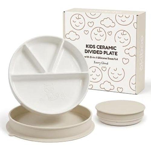 Divided Ceramic Toddler Plates, 8 Inch Divided Baby Plate with Lid