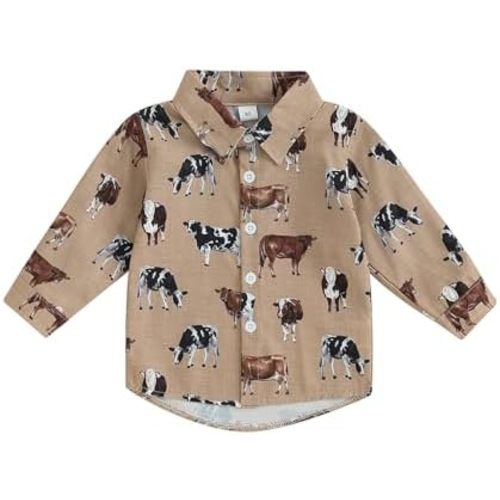 Western Baby Boy Clothes Long Sleeve Lapel Cow Print Button Down Shirts Toddler Fall Farm Country Cowboy Shirt Tops