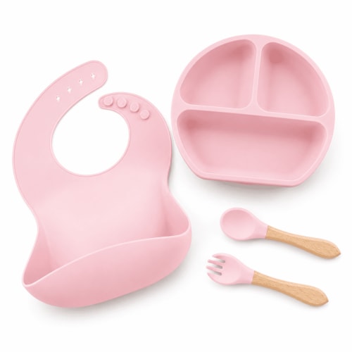 4PCS/Set Pack Silicone Baby Feeding Set Baby Led Weaning Supplies Includes Suction Divided Plates Soft Bowl Spoons Forks Adjustable Bib Snack Cup and Straws for Baby