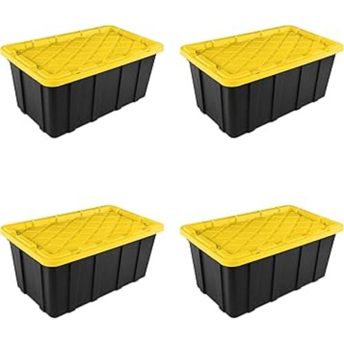 Sterilite 38 Gal Industrial Tote, Stackable Storage Bin with Snap-Fit Lid for Garage, Basement & Attic Storage, Black Base and Yellow Lily Lid, 4-Pack