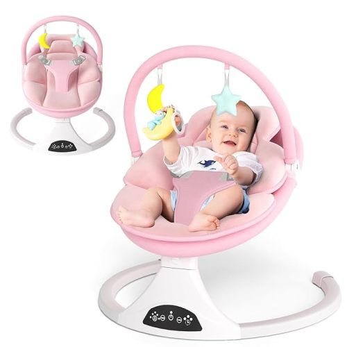Electric Baby Swing with Remote Control - 5 Natural Motion Speeds, Detachable Seat Pad | Portable Infant Swing for Indoor/Outdoor Use (0-6M, 20lbs) (Pink)
