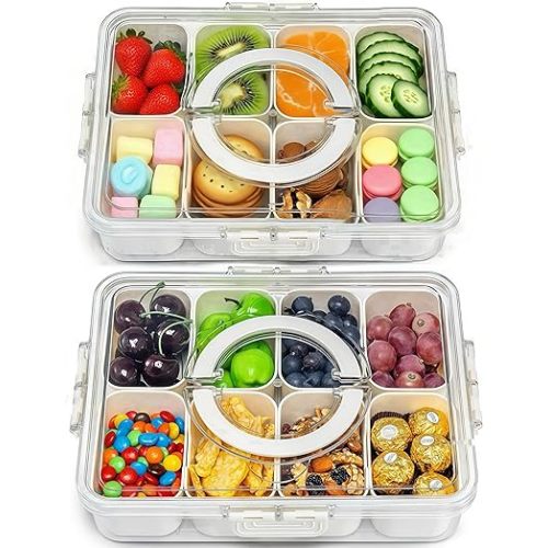Pure Future 2-Pack Snackle Box Containers with Handles - Divided Serving Tray with Lids, 8 Compartments Charcuterie Box for Travel, Movie Nights & Parties (Hand Wash Only)