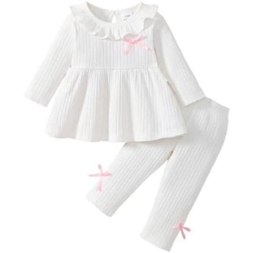 2 Piece Baby Girl Clothes Set Infant Ribbed Ruffle Top Bow Pants