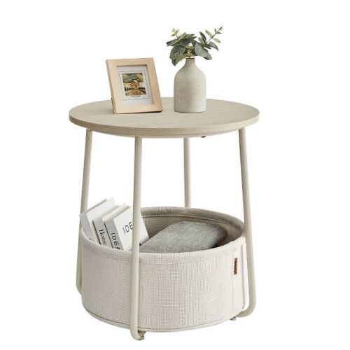 Small Round Side End Table, Modern Nightstand with Fabric Basket Cream White