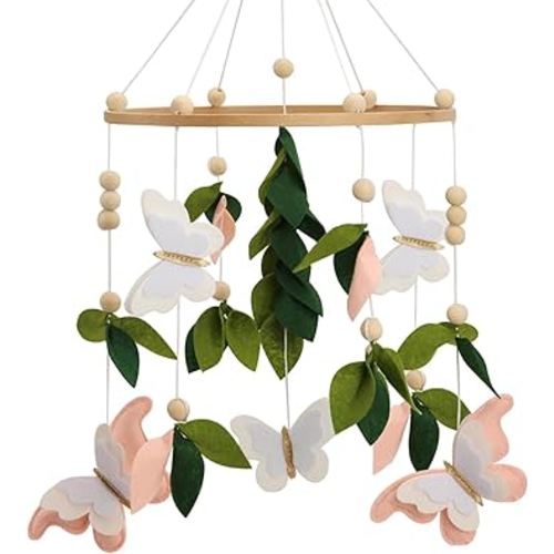 Butterfly Mobile for Crib - A Beautiful Butterfly Handmade Crib Mobile with Green Leaves, Pink, White and Gold Detail for a Nature or Wildflower Theme Nursery