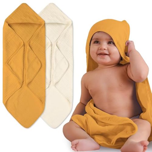 NINTARABABY Hands-Free Hooded Towel - 100% Organic Premium Muslin Cotton, 30" x 30", Ultra-Absorbent, Soft, Breathable, Hypoallergenic, Multipurpose, Gifts for Babies & Infants, Pack of 2