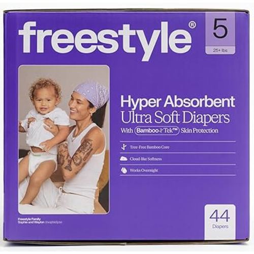 Freestyle BambooTek Diaper – (Size 5) Hyper Absorbent & Non-Toxic – Disposable Diaper for Sensitive Skin – Ultra Soft Diaper's (25+ lbs) – 44 Count