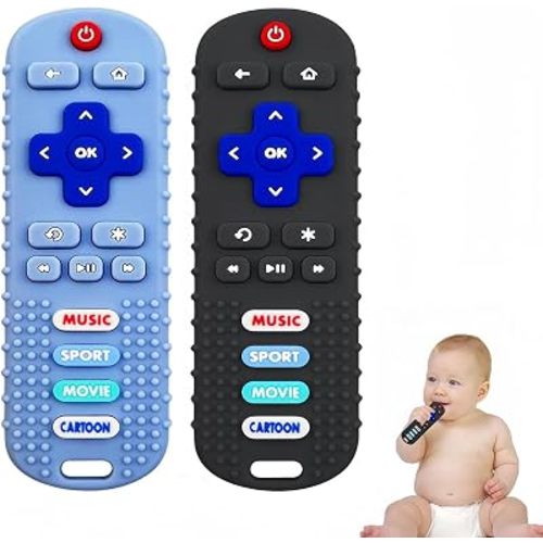 2 piezas de juguete de control remoto para bebé, silicona suave con forma de control remoto para bebés de 3, 6, 12, 18 meses (negro + azul)