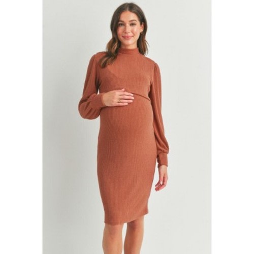 Hello Miz Women's Ribbed Double Layer Mock Neck Maternity Nursing Dress - Rust - Large