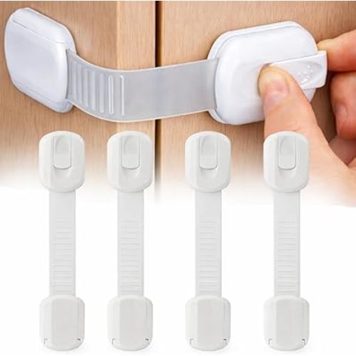 Child Safety Cabinet Locks (4 Pack) – Adjustable Baby Proofing Straps, No Drill Strong Adhesive, for Drawers, Cabinets, Fridge, Toilet & Oven