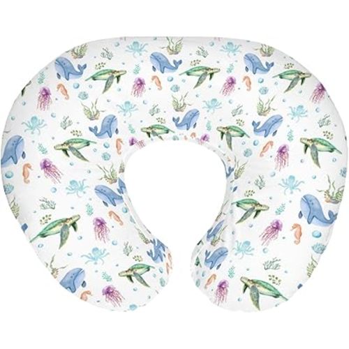 Boho Sea Animals Baby Nursing Pillow Covers for Boy Girl Sea Horse Turtle Whale Jellyfish Coral Nursing Pillow Slipcovers for Breastfeeding Pillows Soft Stretchy Removable Covers for Newborn Infant