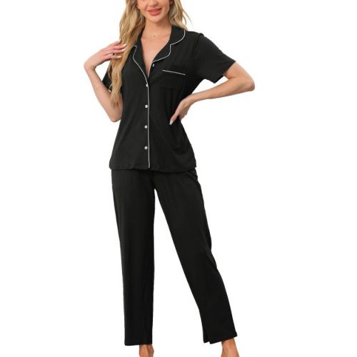 cheibear Women's 2 Pcs Button Down Short Sleeve Shirt and Pants Pajama Set Loungewear Small Black