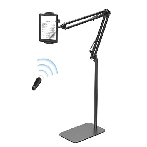 VOLTIFYMAX Floor Stand Kindle Holder with Remote Page Turner for Reading in Bed, Tablet Mount with Clicker, Kindle Accessories Tablet Stand Holder for Kindles Tablets iPhones 4.7-12.9 inch(Black)