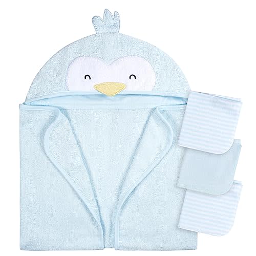 Gerber Baby 4 Piece Animal Character Hooded Towel and Washcloth Set, Blue Penguin, One Size